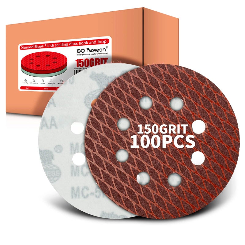 Faoyoon 150 grit Sanding Disc 5 Inch 8 Hole Hook and Loop, Diamond Shape Sand Paper for Woodworking & Automotive etc, Sanding Pads for Random Orbital Sander, 100-Pack - Image 1